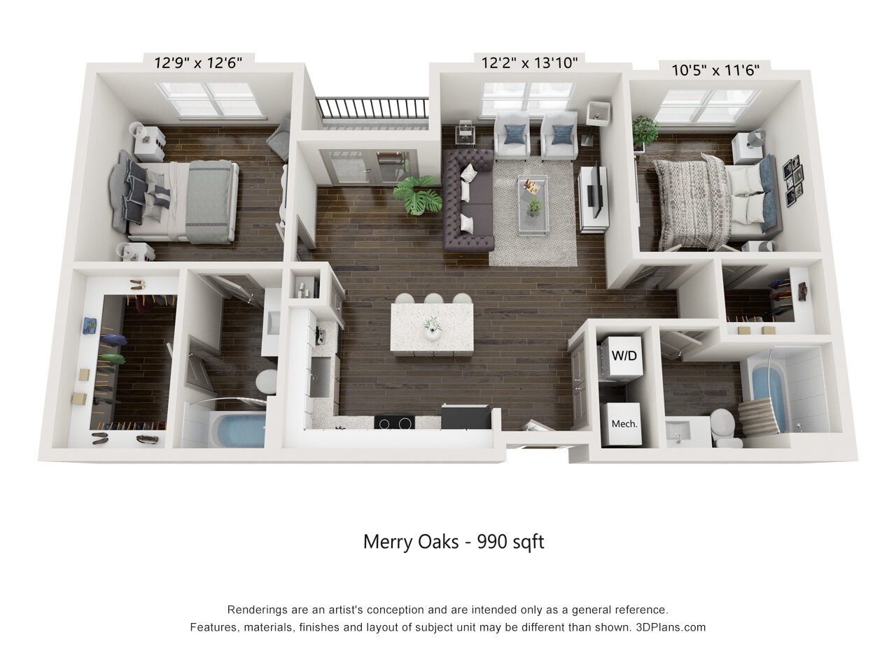 Floor plan for 2 beds, 2 baths, 990 sqft